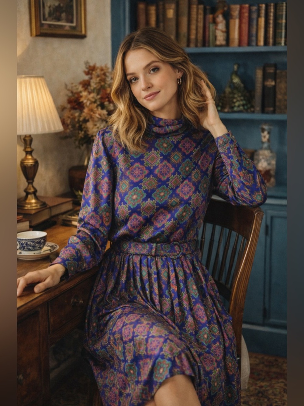 Vintage Talbots Petites 12 Belted Pleated Dress Blue Paisley Long Sleeve Retro